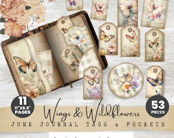 Butterfly Junk Journal Tags & Pockets, Printable Ephemera, Vintage Nature Tags, DIY Scrapbook Embellishments, Digital Download