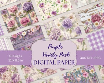 Purple Digital Paper Pack, Floral Scrapbook Paper Bundle, Printable Purple Peony and Daisy Backgrounds, Cottagecore Junk Journal Pages