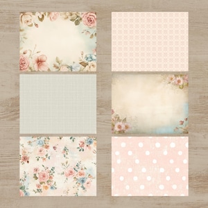 six different floral and polka dot background designs, arranged in a grid pattern on a wooden surface.