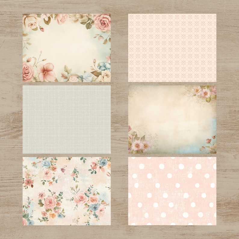 six different floral and polka dot background designs, arranged in a grid pattern on a wooden surface.