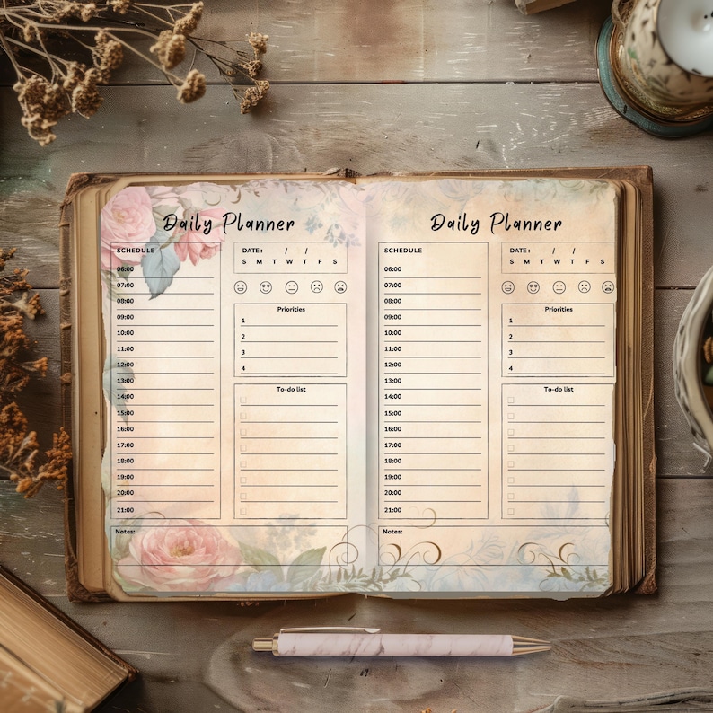 Undated Junk Journal Planner, Floral Whispers Vintage Printable Kit, 24 ...