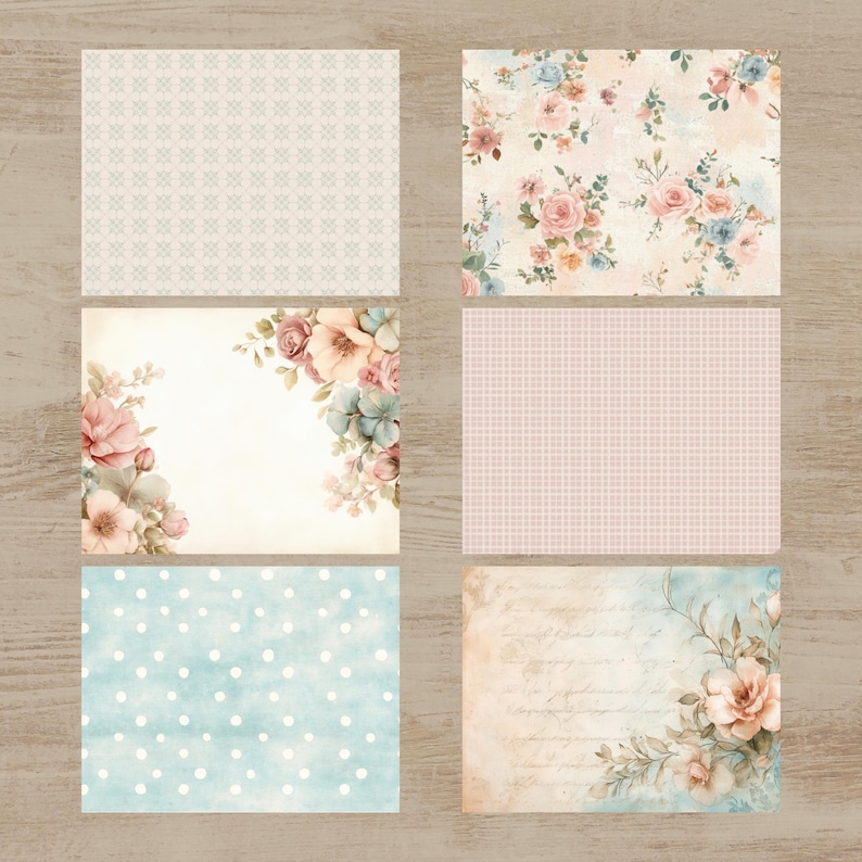 six different floral and polka dot backgrounds, each with a unique design and color scheme.