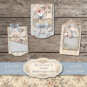 Può includere: Tre etichette di carta decorative con motivi di pizzo blu e rose, tra cui un ritaglio a farfalla, un fiocco blu e dettagli a forma di cuore. Il testo recita: 6 PAGES, 11 X 8.5 IN, BLUE LACE & ROSES HIDDEN PAPERCLIPS, 300 DPI, JPEG & PDF.