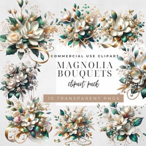 Gold Magnolia Floral clipart, White Flowers PNG Set, Wedding Invitation clip art, Magnolia Glam Garden Bridal Shower Sublimation Bundle