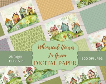 Whimsical Green Cottagecore Digital Paper - 28 Printable Junk Journal Backgrounds 11x85 300 DPI JPG