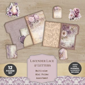 May include: A 12-piece mini folder set featuring lavender lace and letter motifs. The collection includes folders with floral and script patterns, die-cut ephemera, and pockets. Text on the set reads: LAVENDER LACE & LETTERS, Multi-size Mini Folder Assortment, FUSSY CUTS, EPHEMERA, & POCKETS INCLUDED.