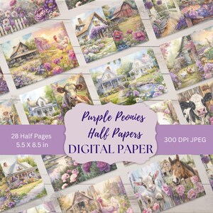 Papéis digitais de meia página com peônias roxas, 28 ilustrações de Cottagecore, páginas de diário de fazenda rústica, conjunto de papéis dobrados para impressão - PP01