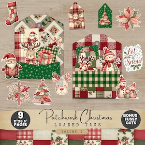 Pode incluir: Uma coleção de etiquetas e recortes de papel com tema natalino com um design de patchwork. As etiquetas apresentam o Papai Noel, renas, bonecos de neve e árvores de Natal. A paleta de cores inclui vermelho, verde e branco. O texto na imagem diz "Patchwork Christmas Loaded Tags Volume I".