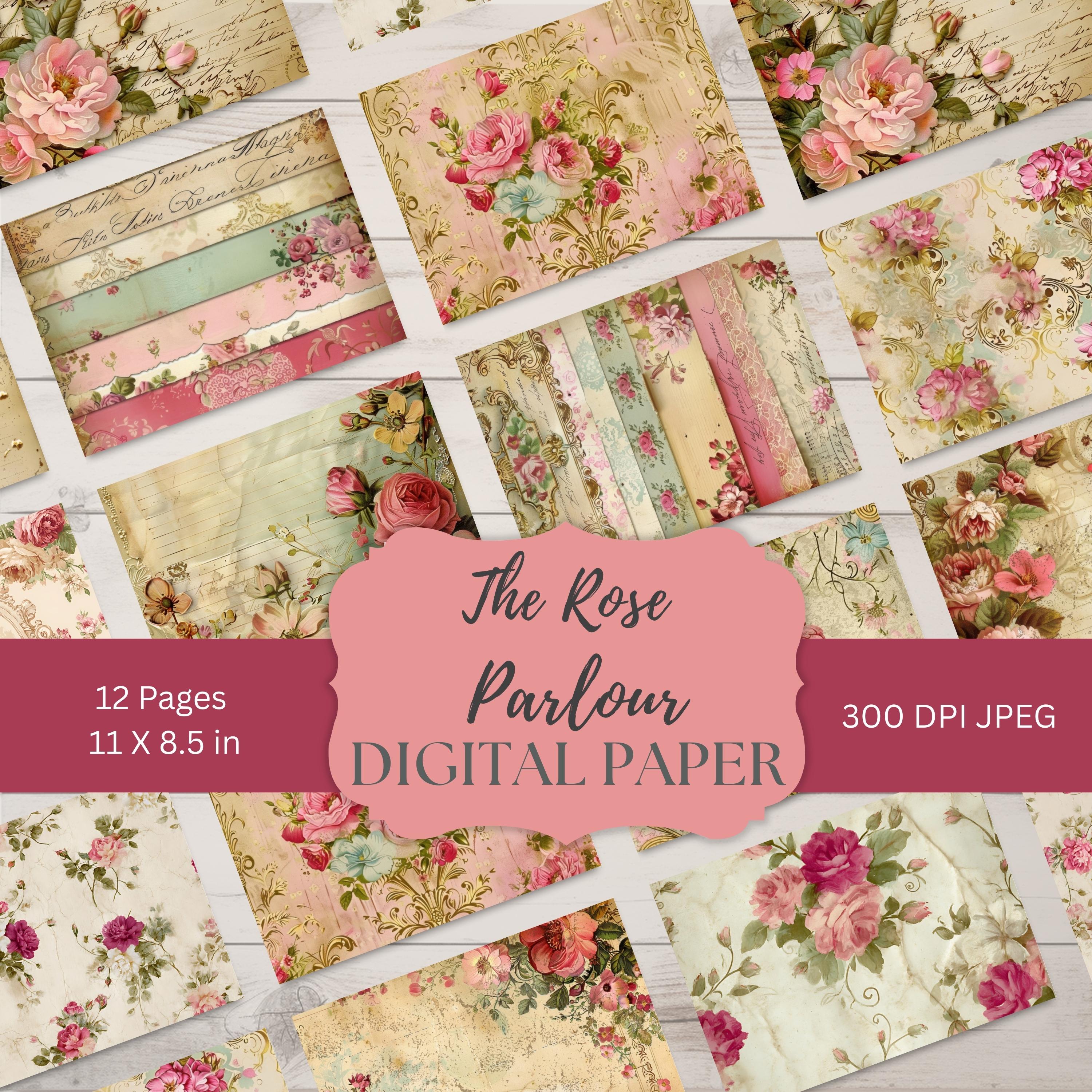 Shabby Chic Rose Digital Paper, Vintage Floral Junk Journal Pages, 12 Pink Gold Printable Backgrounds, Cottagecore Scrapbook Ephemera, RP001