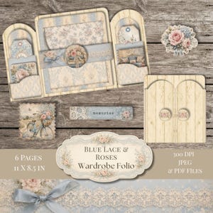 May include: A digital craft kit featuring a wardrobe folio, pockets, tags, and a square card with a bicycle illustration. The set includes floral and damask patterns in blue and cream, with text reading Blue Lace & Roses Wardrobe Folio, 6 pages, 11 x 8.5 in, 300 DPI, JPEG & PDF files, and memories.