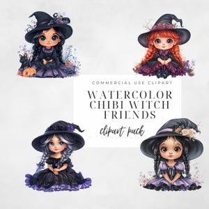 May include: Four watercolor illustrations of chibi witches with black pointy hats, purple dresses, and black boots. Each witch has a different hairstyle and facial features. The text "WATERCOLOR CHIBI WITCH FRIENDS clipart pack" is written in the center of the image.
