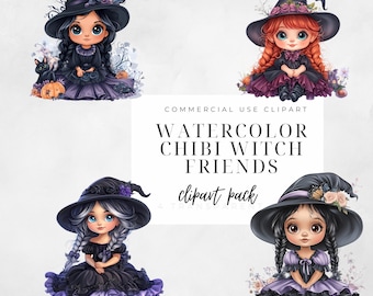 Halloween Clipart, Chibi Witch Png, Best Friends Clipart,  Halloween Witch,  Best Friends, Chibi Clipart, Black and Purple, Instant Download