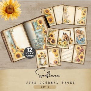 Sonnenblumen Junk Journal Seiten, 12 Vintage Printables, Rustikales Papier, Digitale Ephemera, gealtertes Papier, Bauernhaus Journal, druckbare Seiten