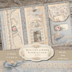May include: A blue lace and roses waterfall folio featuring multiple pockets, floral patterns, and vintage-style paper elements. The text reads Blue Lace & Roses Waterfall Folio, 11 Pages, 11 x 8.5 in, 300 DPI, JPEG & PDF Files. Includes a light blue ribbon.