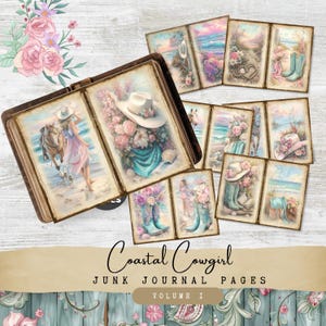 Junk Journal Pages Coastal Cowgirl Western Beach Theme – Printable Vintage Cowgirl Paper with Boots, Hats, Florals & Pastel Backgrounds