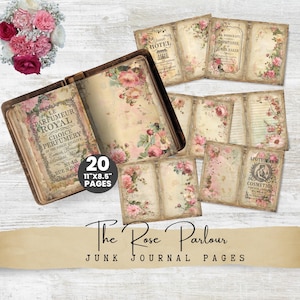 May include: Twenty 11 by 8.5 inch pages of vintage style junk journal paper with a floral theme. The pages feature a variety of designs, including roses, text, and images of old apothecary labels. The pages are perfect for adding a touch of vintage charm to your journals, scrapbooks, and other paper crafts.