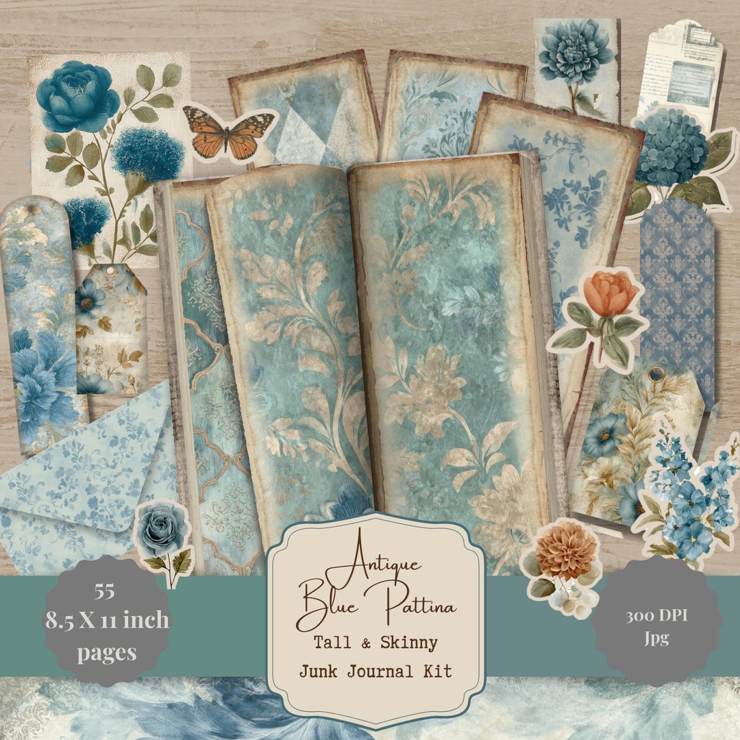 Vintage Junk Journal Kit, Blue Teal Damask Floral Collage (55 Printable ...