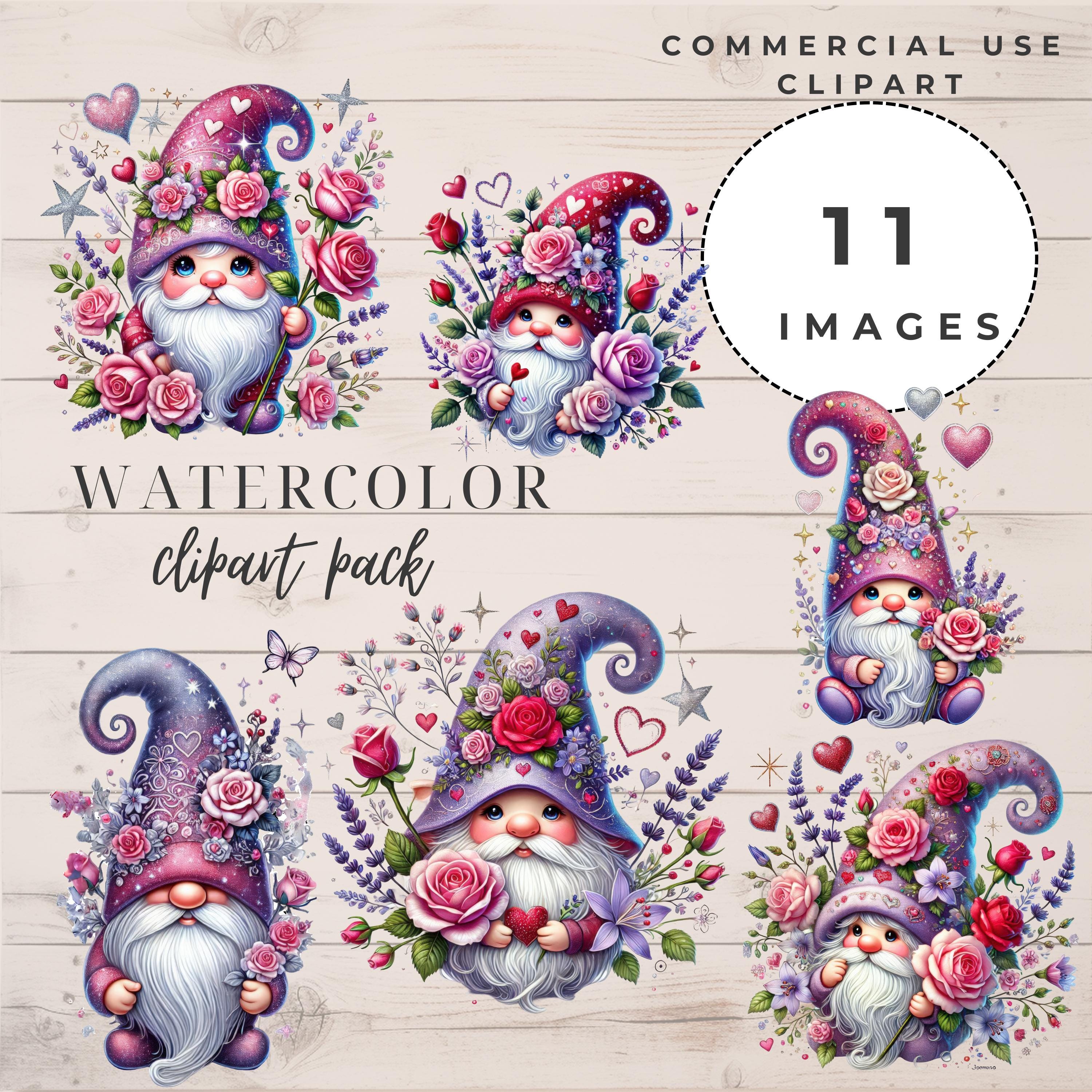 Valentine Gnomes Watercolor Clipart Set - Hearts, Roses and Festive ...