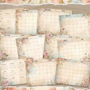 a collection of calendar pages with floral designs, arranged in a grid-like pattern. The pages are spread out on a wooden surface, creating a visually appealing and decorative display.