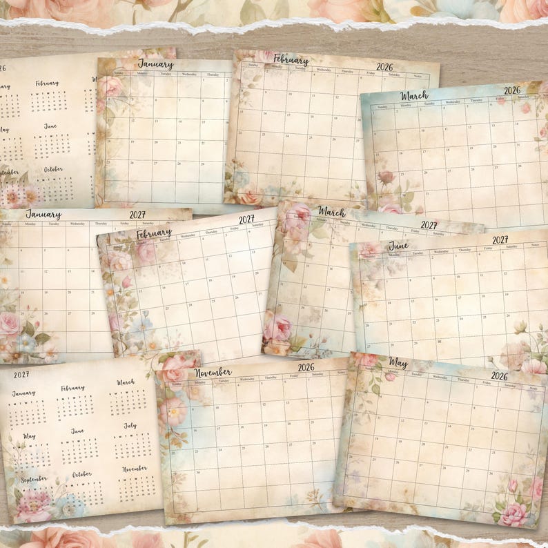 a collection of calendar pages with floral designs, arranged in a grid-like pattern. The pages are spread out on a wooden surface, creating a visually appealing and decorative display.