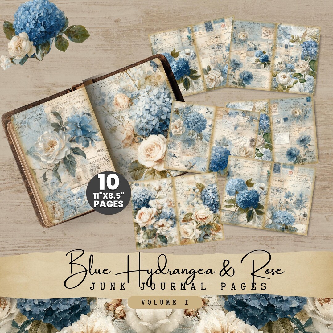 Blue Hydrangea Junk Journal Paper, Rose Collage, Vintage Floral Digital ...
