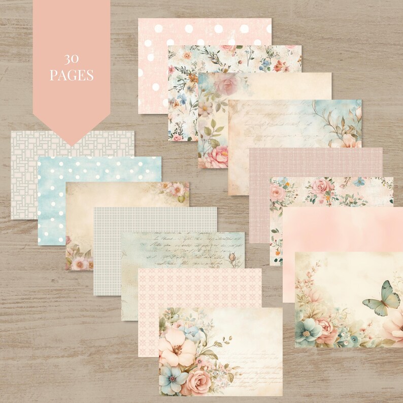 a collection of various floral and decorative paper designs, including patterns with flowers, butterflies, and other natural elements. The papers are arranged in a way that showcases their different textures, colors, and styles, creating a visually appealing display.