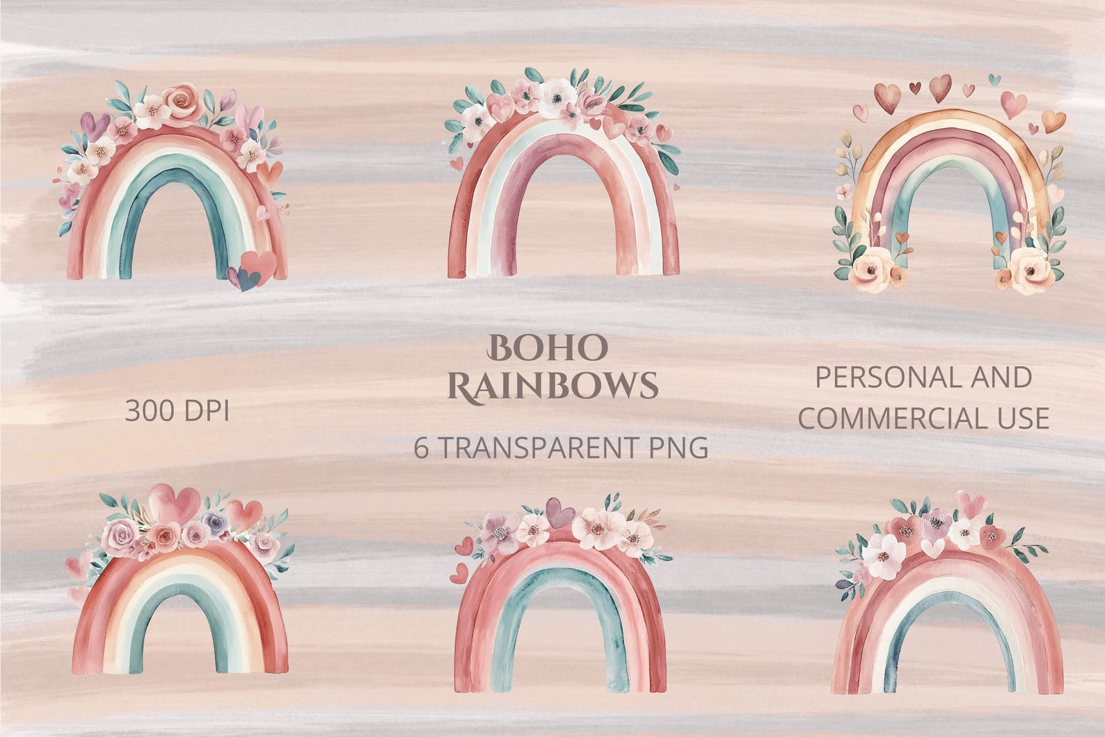 Boho Watercolor Rainbows and Flowers | Boho Rainbow Floral Clipart Set ...