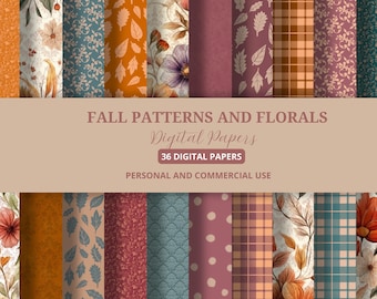 May include: A set of 36 digital papers featuring fall-themed patterns and florals. The papers include various designs, such as plaid, polka dots, leaves, and floral arrangements. The colors are predominantly warm tones, including orange, brown, red, and cream. The text "FALL PATTERNS AND FLORALS" and "36 DIGITAL PAPERS" is displayed on the image.