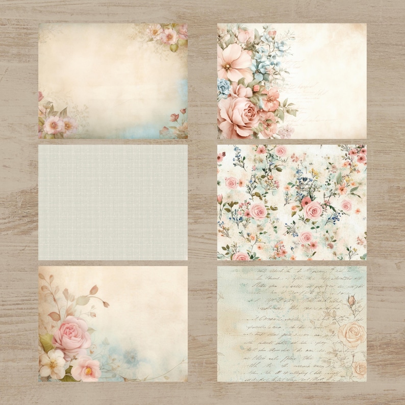 six different floral designs, each with a unique color scheme and style. The designs include a light pink background with a floral pattern, a light blue background with a floral pattern, a light green background with a floral pattern, a light brown background with a floral pattern, a light gray background with a floral pattern, and a light brown background with a handwritten note.