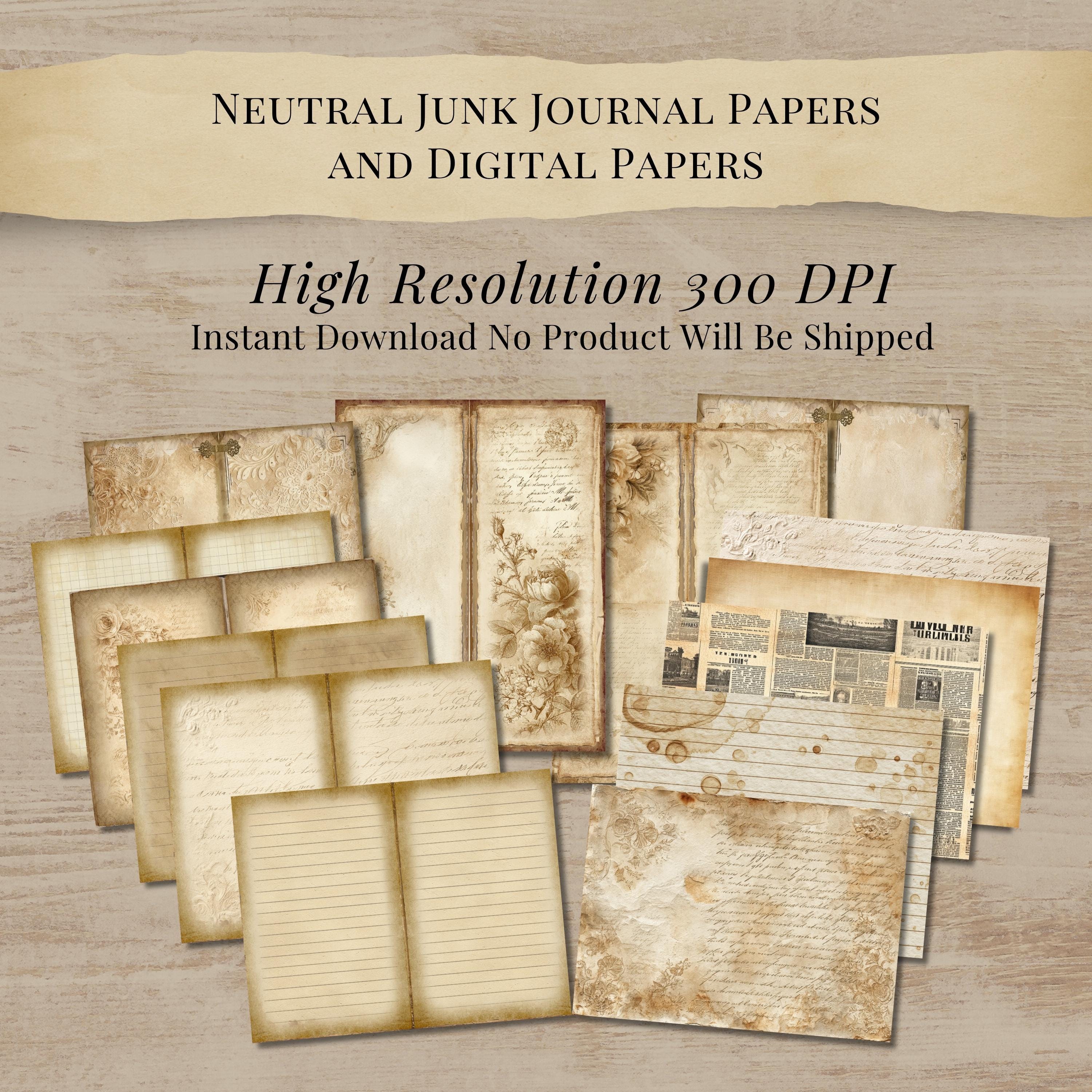 Neutral Junk Journal Kit Vintage Ephemera Papers Tags Pockets Printable ...