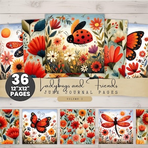 Pode incluir: Um conjunto de páginas de diário de lixo com ilustrações coloridas de joaninhas, borboletas e flores. As páginas medem 30,48 cm x 30,48 cm. O texto diz "Ladybugs and Friends" e "Volume I". As cores incluem vermelho, laranja e branco.