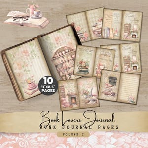Puede incluir: Un conjunto de páginas de diario de estilo vintage con ilustraciones de libros, flores y tazas de té. Las páginas miden 28 cm x 22 cm y presentan el texto "Book Lovers Journal" y "Volume I".
