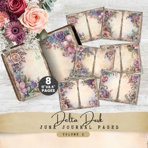 Set di diario vintage floreale Junk, Delta Dusk 8 pagine stampabili Set 2, fiori rosa e prugna, kit digitale carta invecchiata, download immediato, DD01