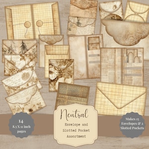 Könnte beinhalten: Eine Sammlung von Papierumschlägen und Steckfächern im Vintage-Stil in verschiedenen Größen und Designs. Das Sortiment umfasst florale, botanische und karierte Muster in Beige- und Brauntönen. Der Text auf dem Bild lautet "Neutral Envelope and Slotted Pocket Assortment" und "14 21,6 x 27,9 cm Seiten".