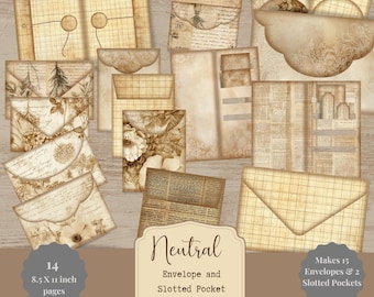 Neutrala skräpjournalkuvert utskrivbara vintage sepia ephemera med ficka NT001