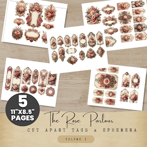 May include: Five sheets of cut-apart tags and ephemera, featuring vintage floral designs in shades of pink, cream, and brown. The sheets are 11" x 8.5" and include various shapes and sizes of tags and decorative elements. The text reads "The Rose Parlour, Volume I."