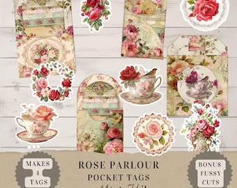 Rose Junk Journal Tags, druckbare Pocket Tags Kit, Shabby Chic Ephemera, Teacup Rose Fussy Cuts, Vintage Junk Journal druckbar, 300 DPI JPG