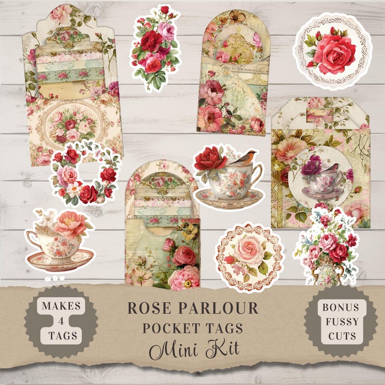 Rose Junk Journal Tags, Printable Pocket Tags Kit, Shabby Chic Ephemera ...