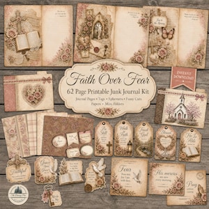 Kit de diario creativo "Fe sobre el miedo", artículos imprimibles de estilo cristiano vintage, etiquetas, bolsillos y sobres FBS001