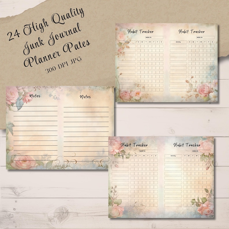 Undated Junk Journal Planner, Floral Whispers Vintage Printable Kit, 24 ...