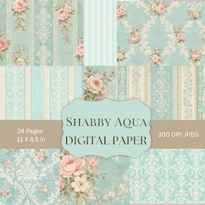 Shabby Aqua Digital Paper, Vintage Floral Rose Damask, Printable Junk Journal Pages - 24 JPG Bundle, Backgrounds