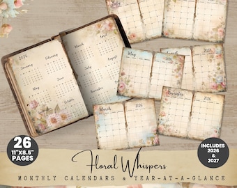 Páginas del calendario de diario basura 2026-2027, imprimible mensual con rosas vintage y susurros florales, calendario grunge estilo shabby chic para diarios basura, FW001