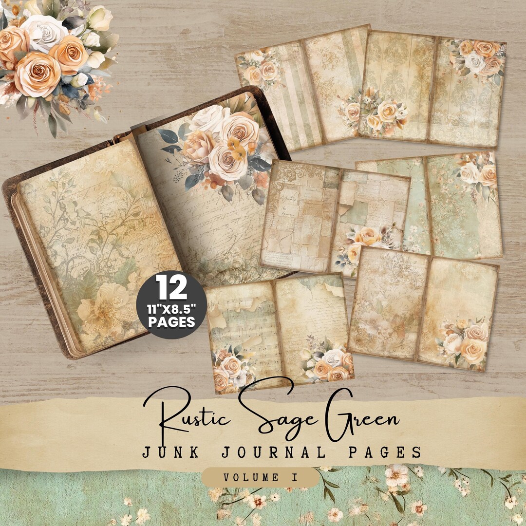Sage Green Floral Junk Journal Pages: Rustic Scrapbook Paper (digital ...
