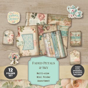 May include: A set of 12 paper folders, ephemera, and fussy cuts featuring floral rose patterns, vintage script, and teal accents. Includes a die-cut label reading Embrace the Journey and a central sign labelled Faded Petals & Sky, Multi-size Mini Folder Assortment.