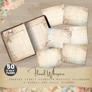 May include: An open journal with a brown cover and pages featuring a calendar layout for June. Several loose pages with floral designs and calendar layouts are scattered around the journal. The text reads "Floral Whispers" and "Undated Yearly Overview, Monthly Calendars & Weekly and Daily Planners".