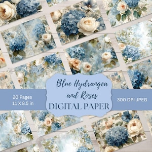 Puede incluir: Hojas de papel digital con ilustraciones de acuarela de hortensias azules y rosas crema. El texto de la imagen dice "Blue Hydrangea and Roses DIGITAL PAPER" y "20 páginas 27,9 x 21,6 cm 300 DPI JPEG".