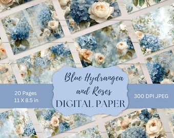 Blue Hydrangea and Roses Digital Paper Pack 20 Pages 11x8.5 Inch Junk Journal Printable Backgrounds Scrapbook Vintage Floral  Download BH001