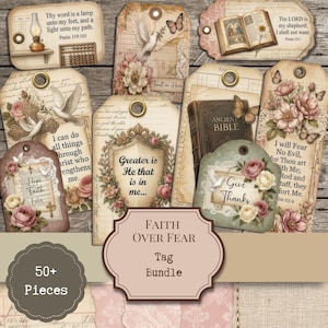 May include: A collection of decorative paper tags featuring vintage-style illustrations of flowers, butterflies, doves, and open books. Each tag displays religious text, including Psalm 119:105 and Psalm 23:1, with a central label reading FAITH OVER FEAR Tag Bundle.