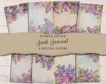 Puede incluir: Ocho papeles digitales con un diseño de estilo vintage con lilas morados sobre un fondo claro. El texto "Purple Lilacs Junk Journal 8 Digital Papers" se muestra sobre un fondo de papel marrón.