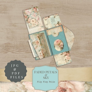 May include: A handmade flip flop folio with a floral design. The folio is open, revealing multiple pockets and decorative elements. The color palette includes soft blues, pinks, and cream tones. The text "Faded Petals & Sky" and "Flip Flop Folio" is visible.